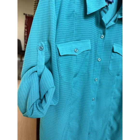 Evan Picone Blouse Women’s Plus Size 1X Button Turquoise Sheer Roll-tab Sleeves - Picture 4 of 5